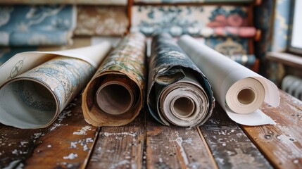 Wall Mural - Close up photo of assorted wallpaper rolls on a wooden table indoors