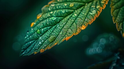 Wall Mural - A macro shot revealing the intricate details of condensation forming on a leaf after a rain shower.