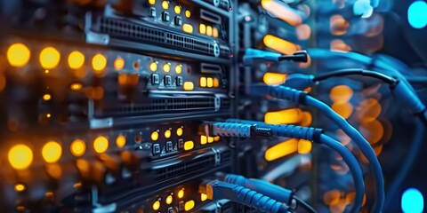 Poster - Closeup of Server Racks with Blue Cables and Orange Lights