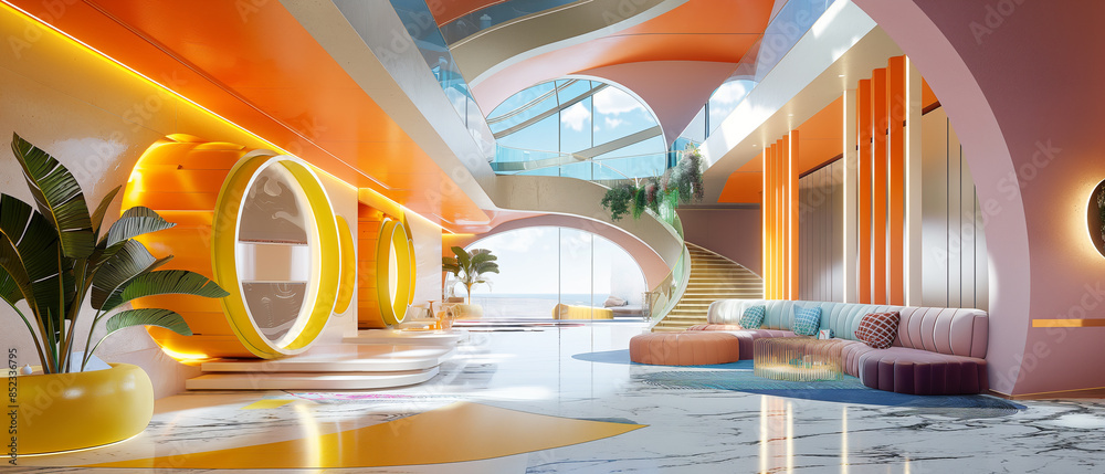 Representación 3D de diseño interior futurista inspirado en figuras ...