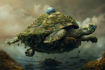 Wall Mural - An artistic rendering of a mythical turtle carrying the world on its back