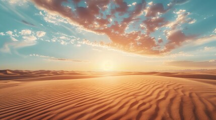 Endless sand dunes, shaped by the whims of the wind, stretch out under a golden sun, creating a mesmerizing desert panorama