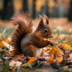 Sticker - Red squirrel eating food on green grass among autumn leaves