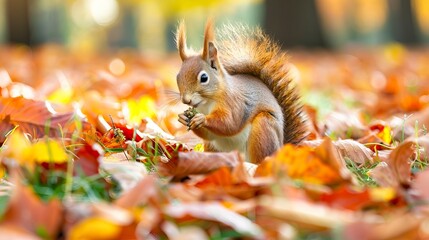 Poster - Red squirrel eating food on green grass among autumn leaves