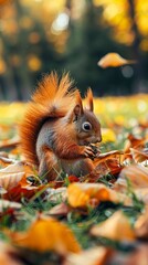 Canvas Print - Red squirrel eating food on green grass among autumn leaves