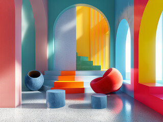 Representación 3D de diseño interior futurista inspirado en figuras geométricas y minimalismo con colores brillantes