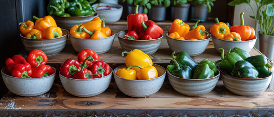 Wall Mural - A variety of peppers are displayed in bowls on a wooden table