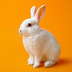 Wall Mural - White easter rabbit on orange background