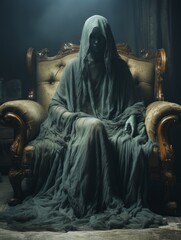 Poster - a ghost sitting on an old chair in a dark room