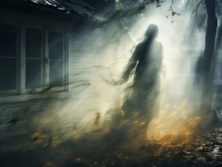 Poster - a ghostly figure standing in front of a house at night