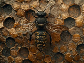 Wall Mural - Hyperrealistic natural look closeup shot of an individual bee on the surface of honeycomb, with detailed focus on its wings and body, surrounded by richly textured partially orange and sienna