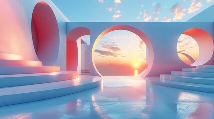 Poster - A 3D render of a surreal minimal architecture background featuring abstract geometric shapes in a harmonious, futuristic design.