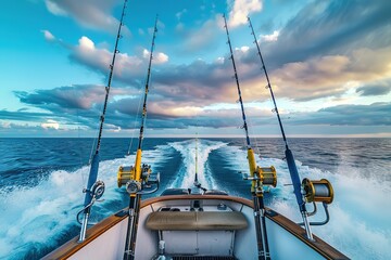 Wall Mural - Trolling fishing boat rod and golden saltwater reels deep blue ocean sea wake