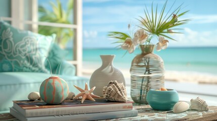 Wall Mural - Virtual Coffee Table with Coastal Books and Beach View