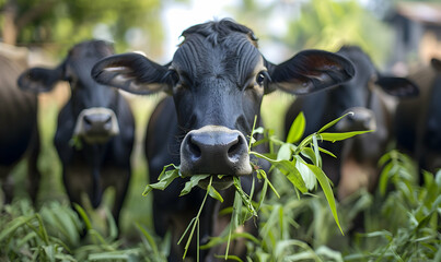 Wall Mural - Cows or Bos indicus are eating grass before eid al adha