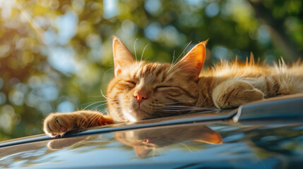 Sleeping Cat Enjoying a Nap on Car Roof