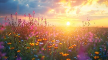 Wall Mural - beautiful summer scene field of flowers at sunset