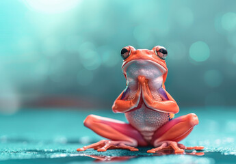  cute frog doing yoga, pastel blue background