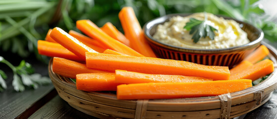Wall Mural - A plate of carrot sticks and a dip sits on a wooden table