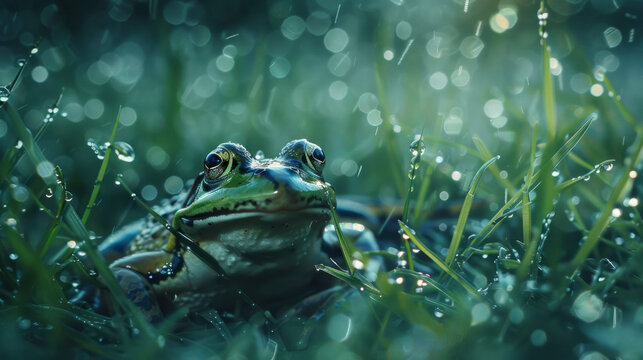Early morning meadow with dew-covered grass and a frog, highlighting serene nature, AI generative.