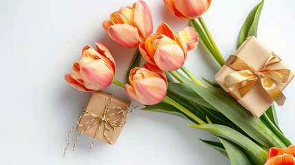 Wall Mural - Tulips with a gift box on a white backdrop