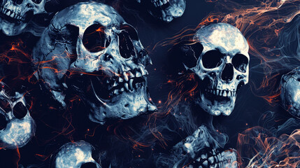 Wall Mural - background with abstract skulls using minimal lines and shapes, arranged in a repetitive pattern on a dark background to capture the spooky essence of Halloween