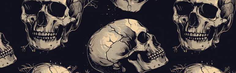 Wall Mural - background with abstract skulls using minimal lines and shapes, arranged in a repetitive pattern on a dark background to capture the spooky essence of Halloween