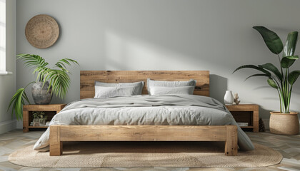 Wall Mural - a bedroom with a wooden bed, grey bedding and white wall. scandinavian interior design of a modern home