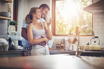 Poster - Coffee, hug and romance with couple in kitchen of home together for morning break or wellness. Cup, relax or smile with happy man and woman drinking fresh beverage or tea in apartment for love