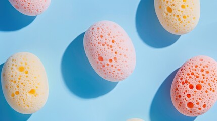 Top view of cosmetic sponges against blue backdrop symbolizing beauty