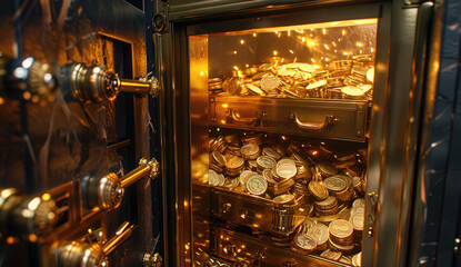 Wall Mural - A highend bank safe filled with gold coins and paper money