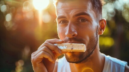 Wall Mural - Man savoring a crunchy snack outdoors, glowing with the setting sun in the background, looking content. AIG58