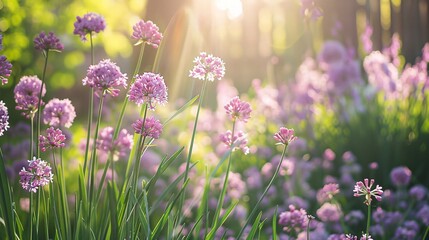 Garden filled with blooming onions and lilac blossoms during spring season.