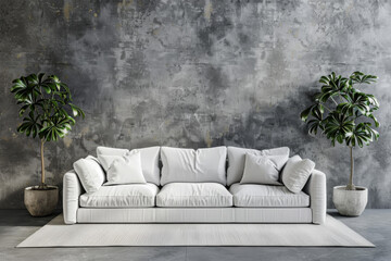 Wall Mural - 3d rendering of white sofa with potted plant in front gray concrete wall background, interior design of modern living room