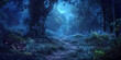 © WARIS ALI - 2d background A mystical forest bathed in moonlight with glowing mushrooms, enchanted creatures, tall ancient trees, and a winding path leading deeper into the woods