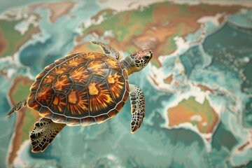 Wall Mural - A digital map showing turtle migration routes across the globe