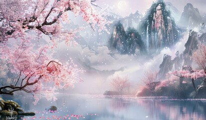 Wall Mural - painting of a beautiful, peaceful landscape with mountains and trees, asian, scenic view