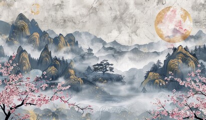 Poster - painting of a beautiful, peaceful landscape with mountains and trees, asian, scenic view