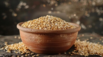 Canvas Print - Brown clay bowl filled with dry oat grains