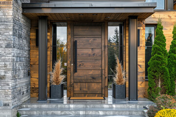 modern entrance door with wood panels. front view of house exterior with wooden panels wall. modern architecture home exterior, modern minimalist design