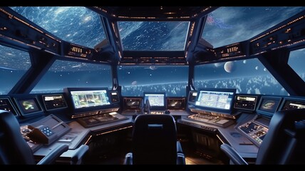 futuristic spaceship cockpit interior with a view of space station and stars. a large spaceship wind