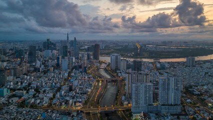 Wall Mural - May 12, 2024: Panorama of District 1, Ho Chi Minh City in the early morning