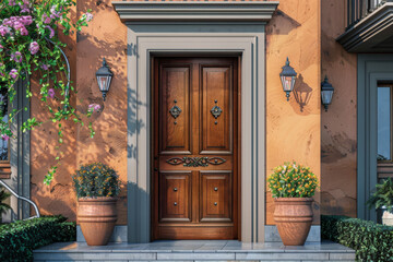  modern entrance door with wood panels. front view of house exterior with wooden panels wall. modern architecture home exterior, modern minimalist design