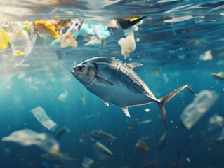 Medium shot of A sea fish is swimming through an ocean filled with plastic waste, highlighting the impact of human activity on marine life and their environment
