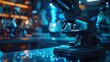 © growth.ai - Digital microscope in a dark medical lab with blue lights, modern equipment. Concept: Technology, Medicine, Science. Text copy space