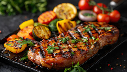 Wall Mural - A plate of grilled meat and vegetables with a black background