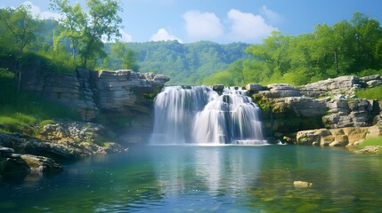 Wall Mural - A majestic waterfall cascading down a rocky cliff into a serene pool below. List of Art Media: Photograph inspired by Spring magazine.