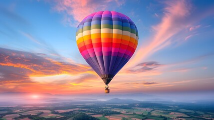 Wall Mural - A colorful hot air balloon floating over a scenic landscape at sunrise. List of Art Media: Photograph inspired by Spring magazine.