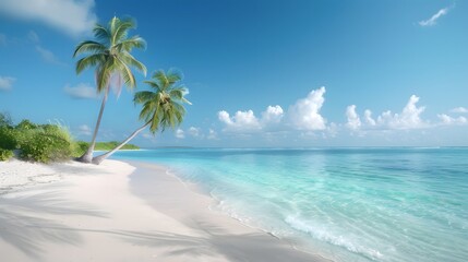 Wall Mural - a tropical beach with turquoise water, white sand, and palm trees swaying in the breeze. list of art
