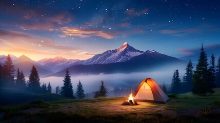 Wall Mural - A cozy campsite with a tent, campfire, and starry night sky in the background. List of Art Media: Photograph inspired by Spring magazine.